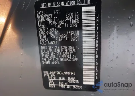 2020 Nissan Armada Sl 2Wd из США, поврежденный, VIN JN8AY2ND4L9107948